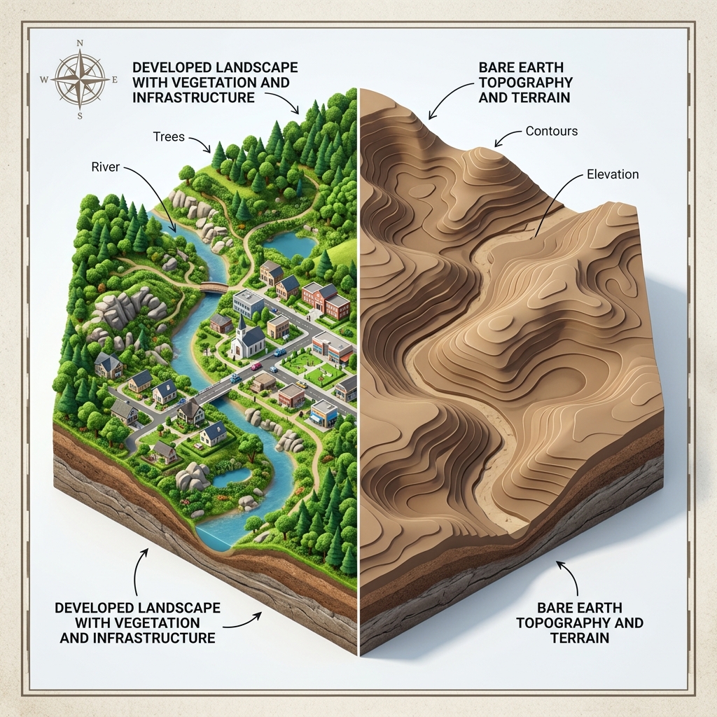 Ilustração mostrando a diferença entre o Modelo Digital de Superfície e o Modelo Digital de Terreno