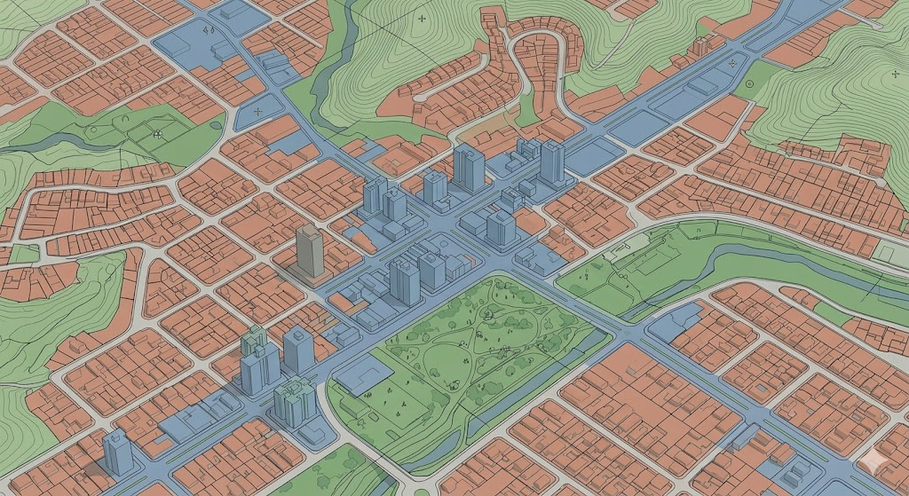 Mapa de zoneamento urbano sobreposto a uma malha territorial georreferenciada