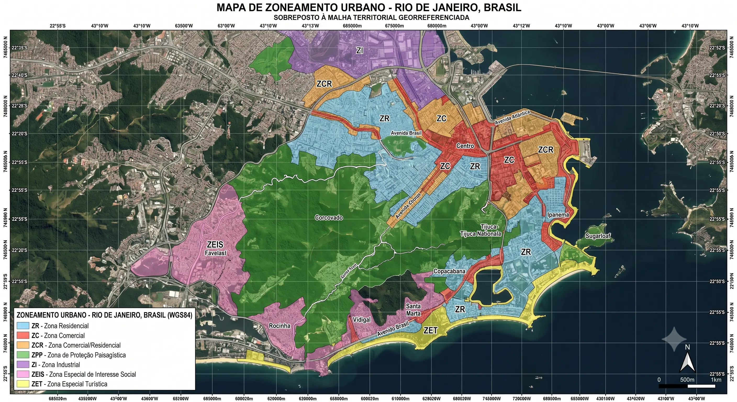 Mapa de zoneamento urbano sobreposto a uma malha territorial georreferenciada