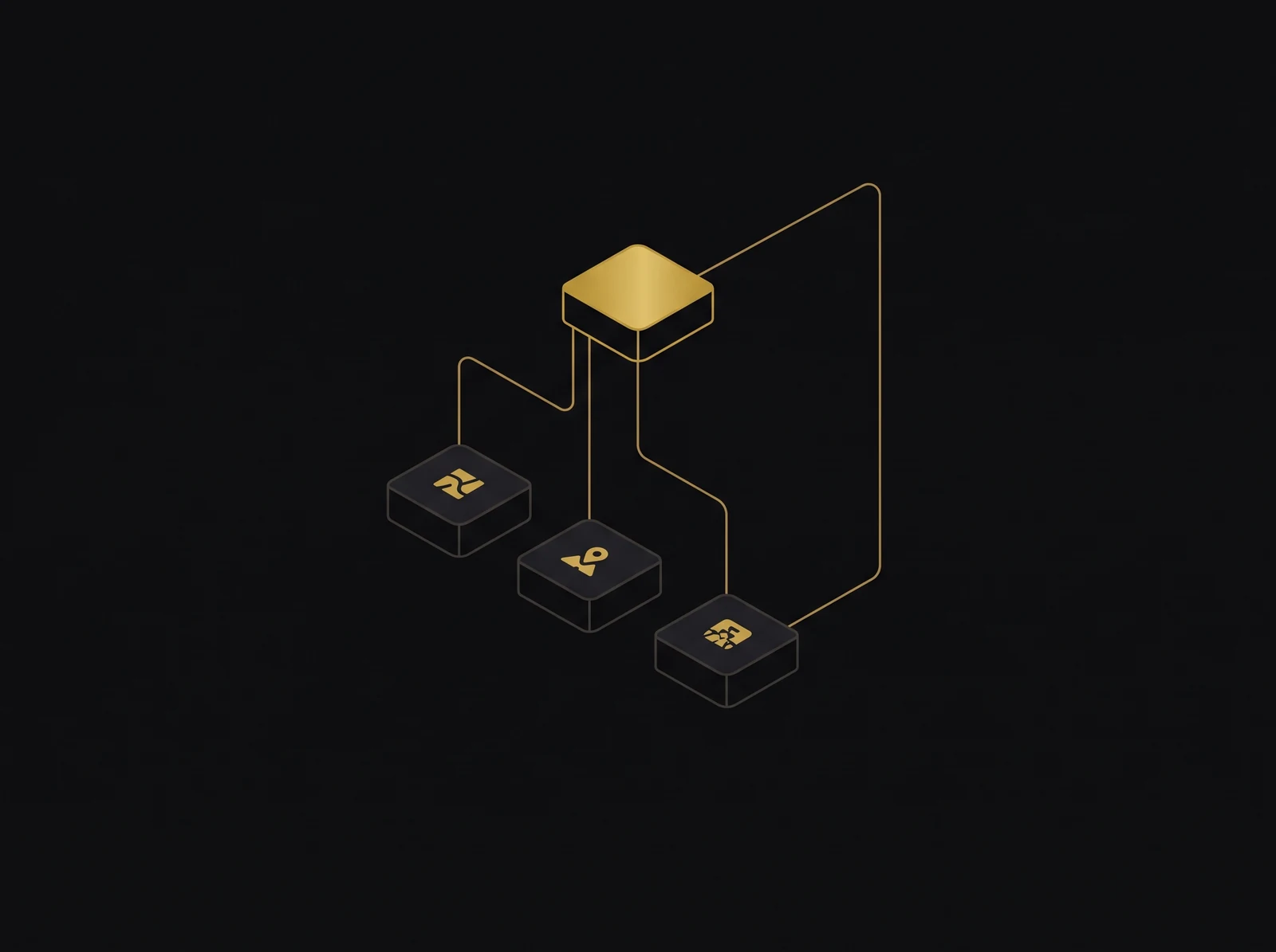 Diagram on a near-black background: a single gold node at the top connected by thin lines to three smaller dark blocks, with one line returning from a block back up to the node