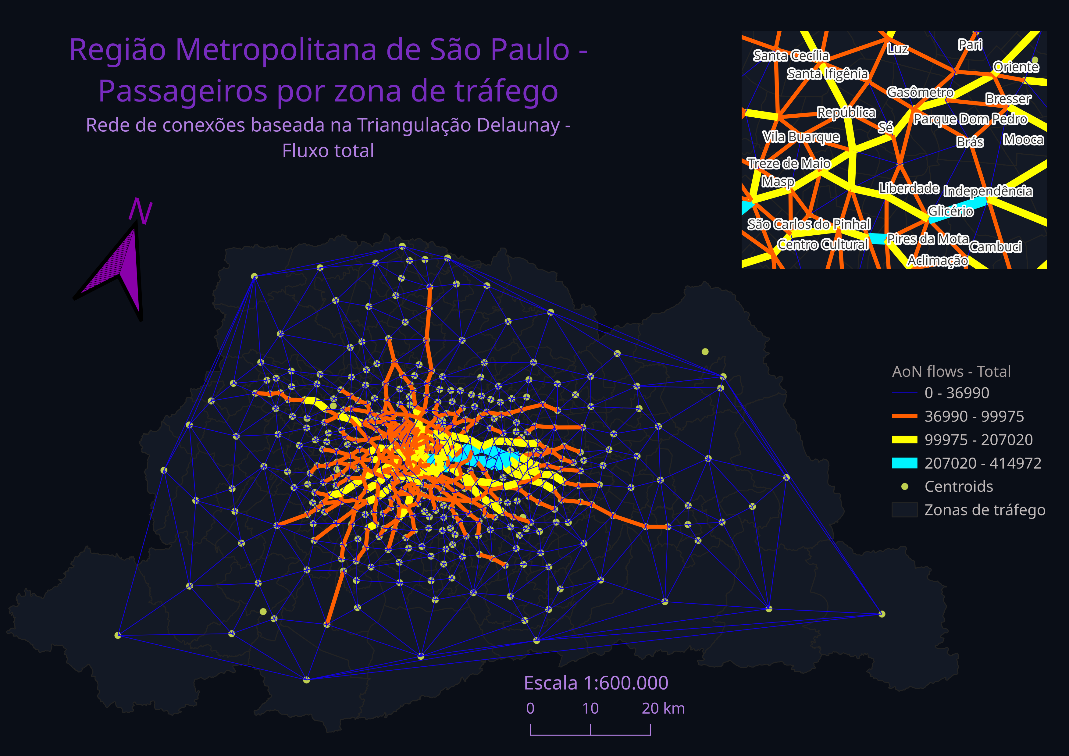 Matriz O-D de passageiros da Região Metropolitana de São Paulo com alocação Delaunay no QGIS