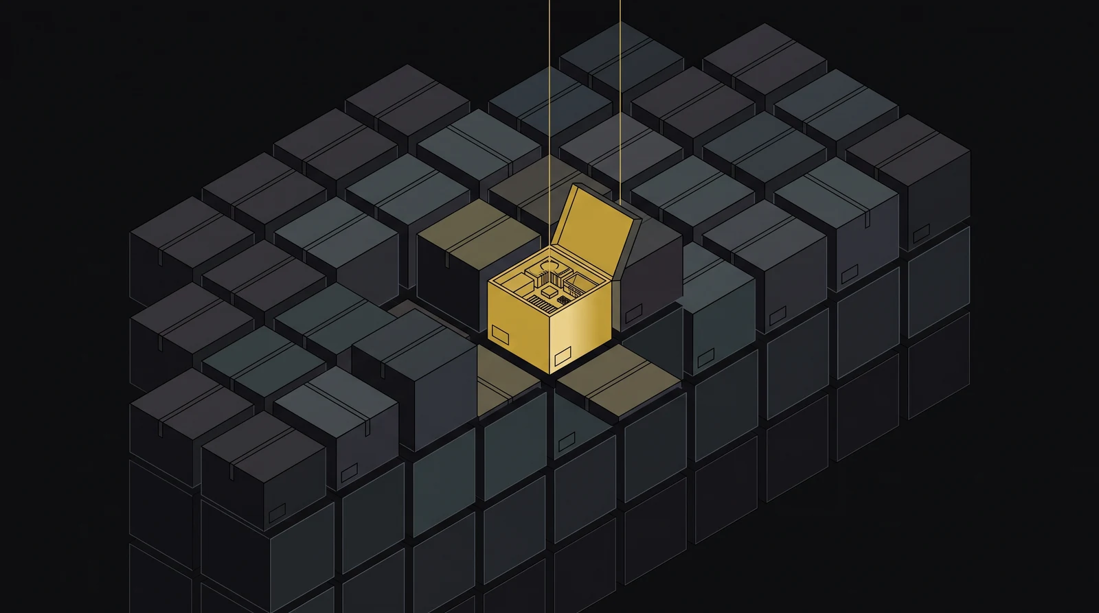 Parede isométrica de caixas escuras fechadas com uma única caixa aberta e iluminada em dourado