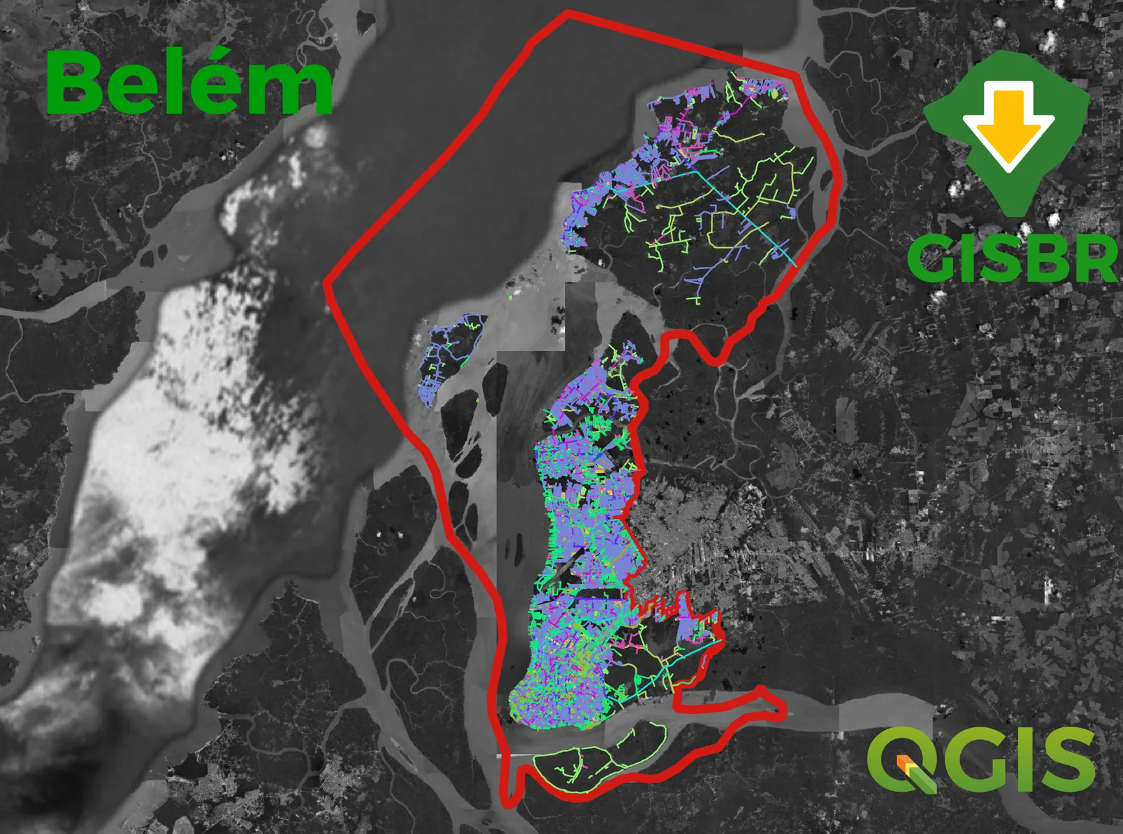 Malha viária do OpenStreetMap baixada pelo GisBR sobre o limite municipal de Belém (PA), no QGIS