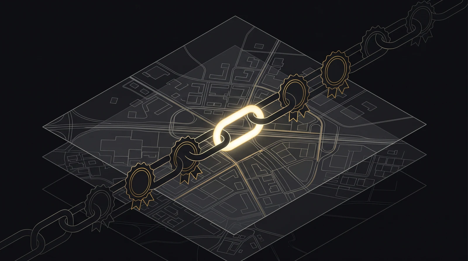 Cadeia de certificados fechando o elo sobre camadas de mapa
