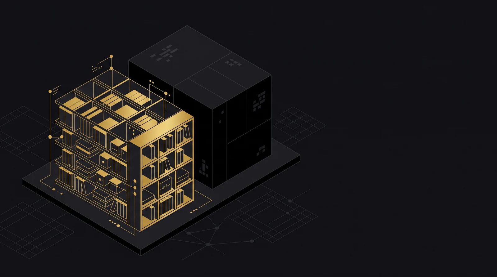 An open library lit in gold next to a dark, closed block