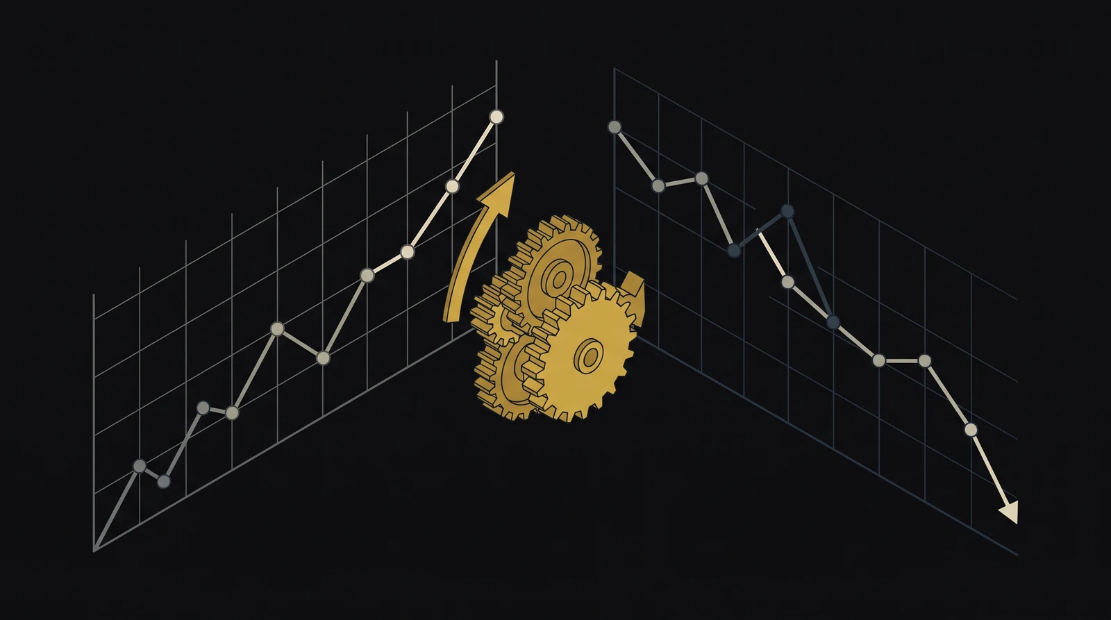 Duas curvas diagramáticas lado a lado, uma subindo e outra caindo, movidas pelo mesmo mecanismo dourado de catraca entre elas