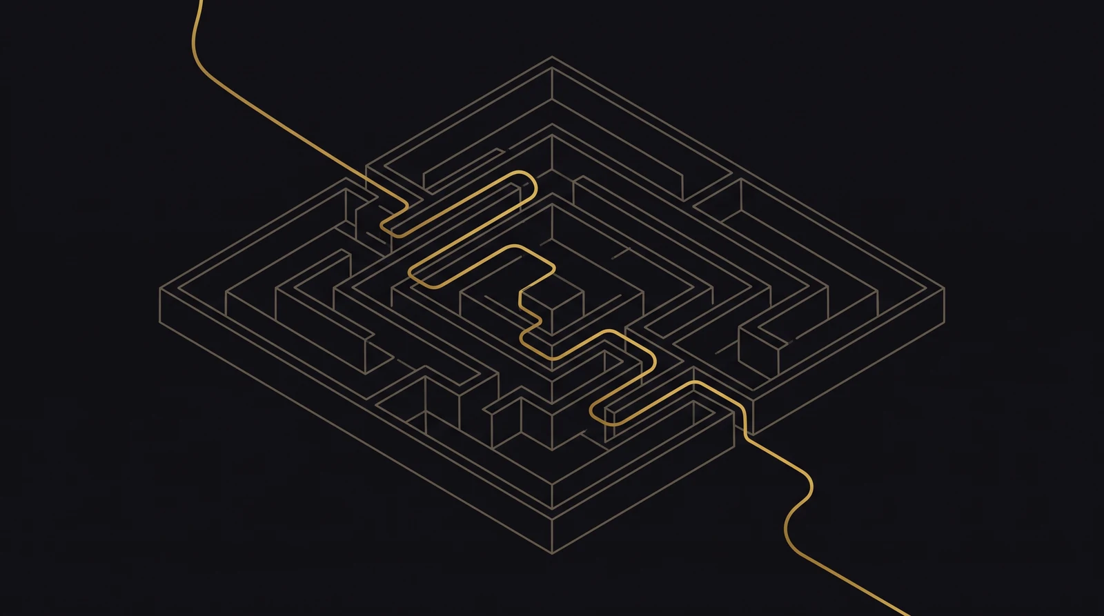 Isometric maze crossed by a golden thread running off the edge of the frame
