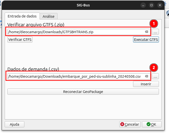 SIG-Bus data input screen in QGIS