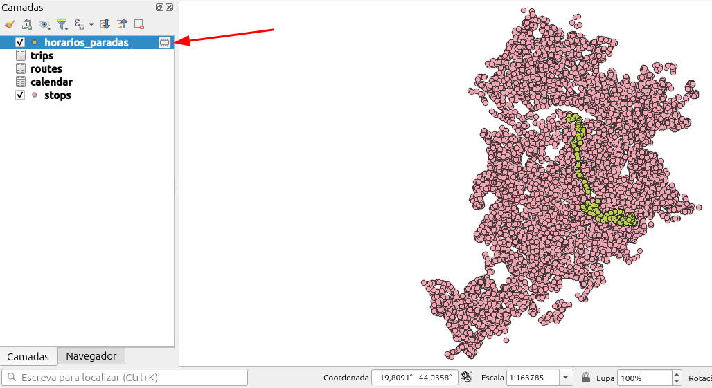 Map with the demand points filtered for the selected line