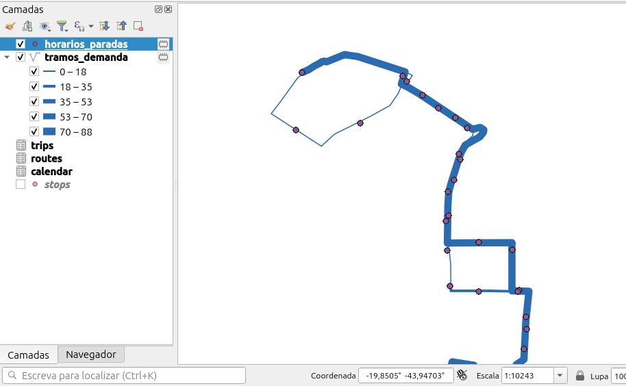 Zoomed-in route: line thickness grows with the accumulated load per segment